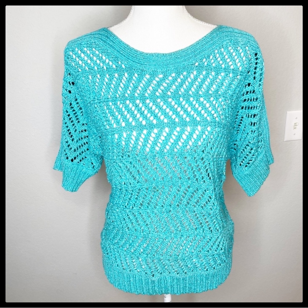 Chicos Womens Blue Chevron Open Knit Pullover Sweater Boat Neck Elbow Sl…
